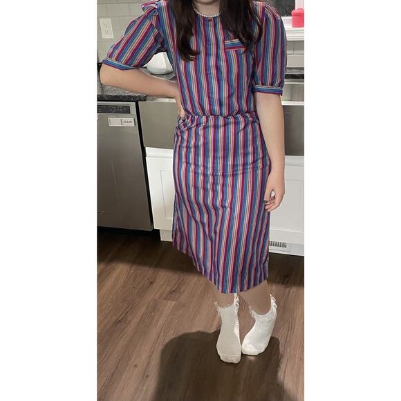 VTG Betsys Things Dress Rainbow Striped Midi 70s-80s Womens Size 7 Short Sleeve - Picture 6 of 9